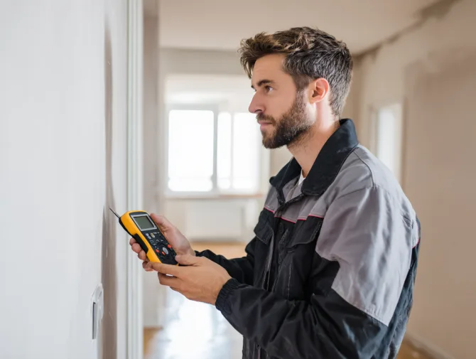 Acoustic specialist measuring sound levels in apartment