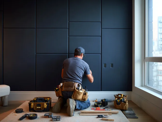 Worker installing dark acoustic panels