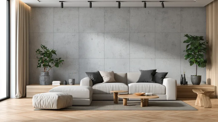 Modern condo living room with an acoustic-treated concrete feature wall