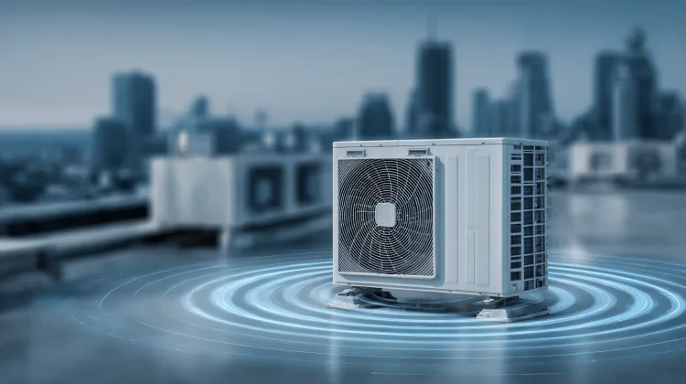 Rooftop HVAC condenser with sound waves