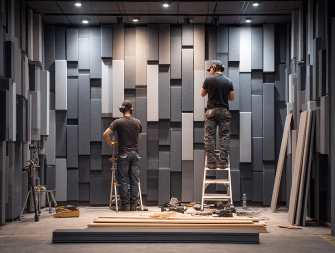 Two workers installing acoustic panels on a recording studio wall