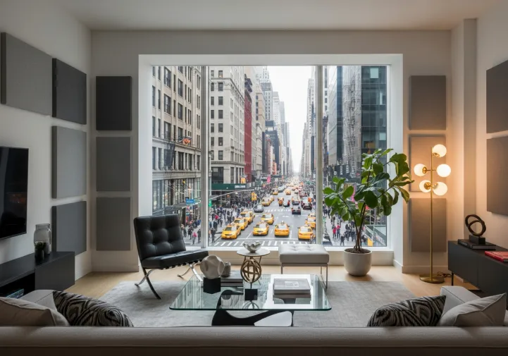 A modern Santa Monica apartment interior with acoustic panels and large windows