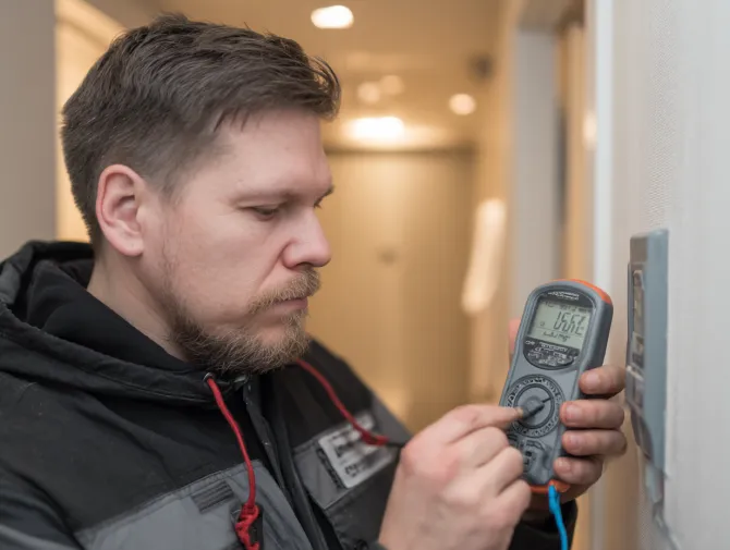 A professional acoustic engineer inspecting a Santa Monica apartment wall with instruments